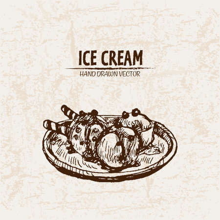 Digital vector detailed line art ornamented ice cream balls hand drawn retro illustration collection set. Thin artistic pencil outline. Vintage ink flat, engraved design doodle sketches. Isolatedのイラスト素材