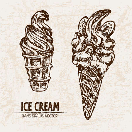 Digital vector detailed line art ice cream in waffle cones hand drawn retro illustration collection set. Thin artistic pencil outline. Vintage ink flat, engraved design doodle sketches. Isolatedのイラスト素材