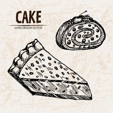 Digital vector detailed line art cake roll and pie slices hand drawn retro illustration collection set. Thin artistic pencil outline. Vintage ink flat, engraved design doodle sketches. Isolatedのイラスト素材