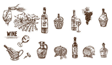 Digital vector detailed line art wine bottle, wineglass and opener hand drawn retro illustration collection set. Thin artistic pencil outline. Vintage ink flat, engraved design doodle sketchesのイラスト素材