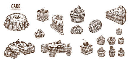 Digital vector detailed line art sliced cake and cupcakes hand drawn retro illustration collection set. Thin artistic pencil outline. Vintage ink flat, engraved design doodle sketchesのイラスト素材