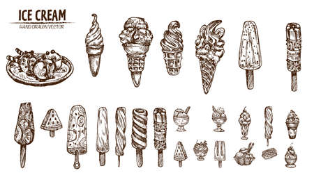 Digital vector detailed line art ice cream in cone and bowl hand drawn retro illustration collection set bundle. Thin artistic pencil outline. Vintage ink flat, engraved design doodle sketchesのイラスト素材