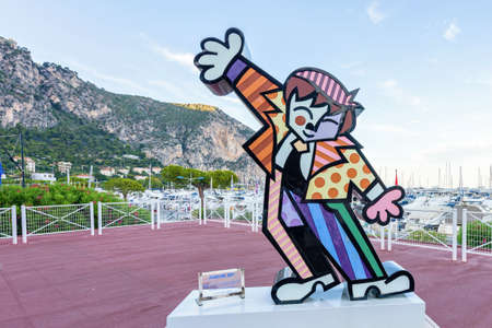 BEAULIEU-SUR-MER, FRANCE - JUNE 28, 2017: Dancing boy by Romero Britto. Welcome Entrance to the port of cityのeditorial素材