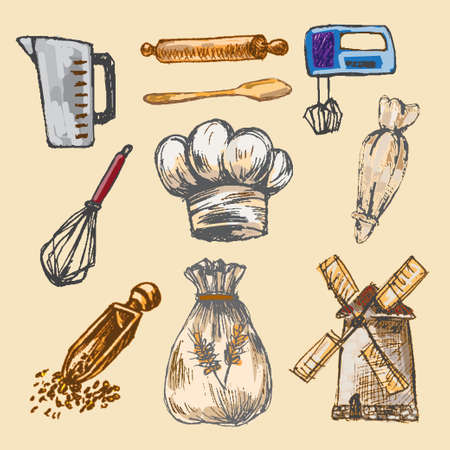 Digital color vector detailed line art pastry cream bag, chef hat, rolling pins, mixer, wheat, measuring cup and flour sack hand drawn set. Vintage ink flat, engraved mill doodle sketches. Isolated illustration.のイラスト素材