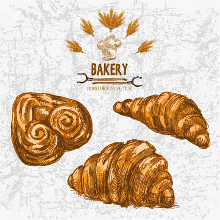 Digital color vector detailed line art golden croissants, pig ears, wheat, oven forks and chef hat hand drawn illustration set. Vintage ink flat, engraved mill doodle bakery sketches. Isolated illustration.のイラスト素材