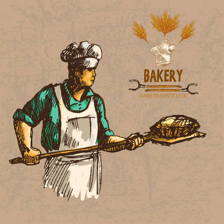 Digital color vector detailed line art baker in cyan shirt with chef hat holding a wooden paddle with bread on it hand drawn illustration set. Vintage ink flat, engraved doodle sketches. Isolated illustration.のイラスト素材