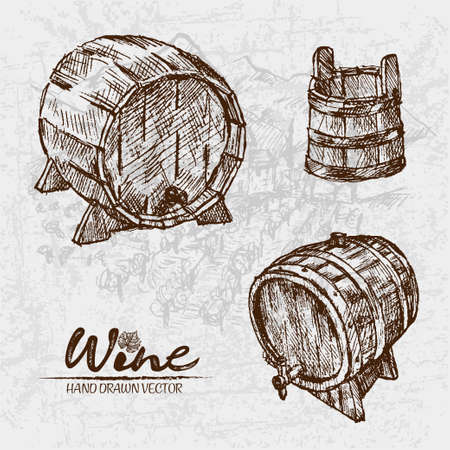 Digital color vector detailed line art vintage wooden wine barrels with tap and bucket hand drawn retro illustration set. Thin pencil artistic outline. Vintage ink flat, engraved doodle sketches.のイラスト素材