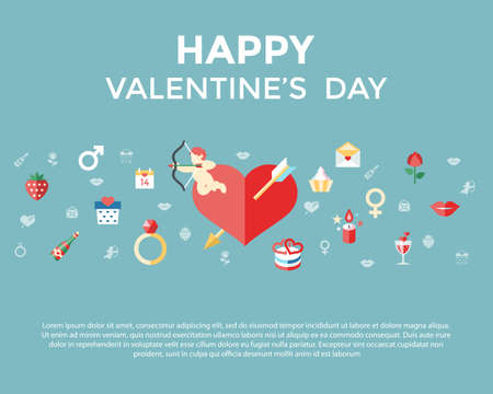 Digital vector February happy valentine's day and wedding celebration color simple flat icon set with red heart, angel and love isolated info graphics.のイラスト素材