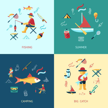 Digital vector fishing activity set collection decoration objects color simple flat icon with holding net or rod, summer camping, isolatedのイラスト素材