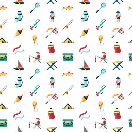 Digital vector fishing activity set collection decoration objects color simple flat icon with holding net or rod, isolatedのイラスト素材