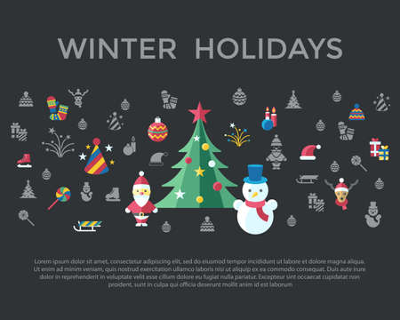 Digital vector christmas and new year holidays set collection decoration objects color simple flat icon with fir tree, isolatedのイラスト素材