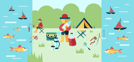 Digital vector fishing activity set collection decoration objects color simple flat icon with...
