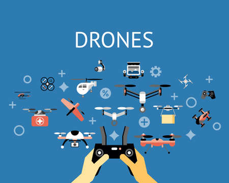 Digital vector flying drone objects color simple flat icon set collection, isolatedのイラスト素材