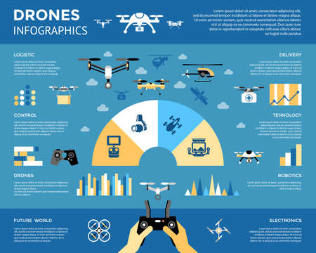 Digital vector flying drone infographics objects color simple flat icon set collection, isolatedのイラスト素材