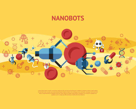 Digital smart medical nano robots concept objects color simple flat icon set collection, isolated healthcare, dna pills and implants infographicsのイラスト素材