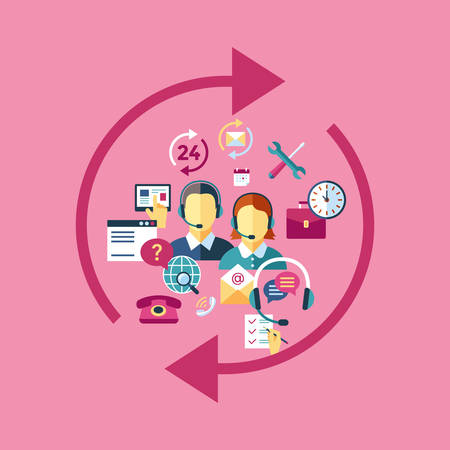 Digital call center and customer support concept, objects color. Simple flat icon set collection, isolated info-graphics.のイラスト素材