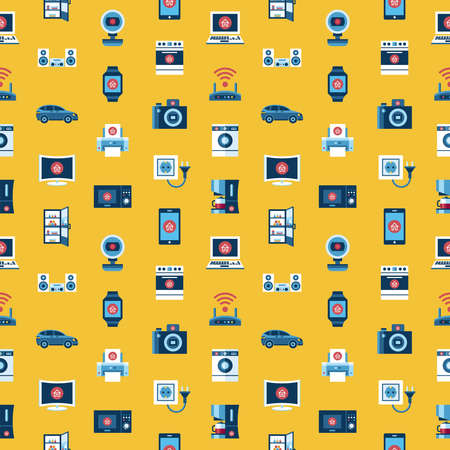Digital vector yellow internet of things concept objects color simple flat icon set collection, isolated seamless patternの写真素材