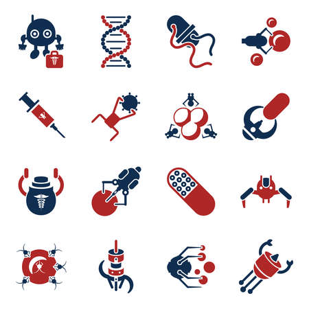 Digital smart medical nano robots concept objects color simple flat icon set collection, isolated healthcare, dna pills and implantsの写真素材