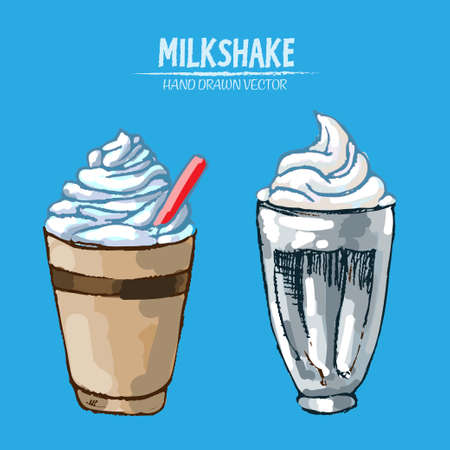 Digital vector detailed line art milkshake with whipped cream hand drawn retro illustration collection set. Thin artistic pencil outline. Vintage ink flat, engraved mill doodle sketches. Isolatedのイラスト素材