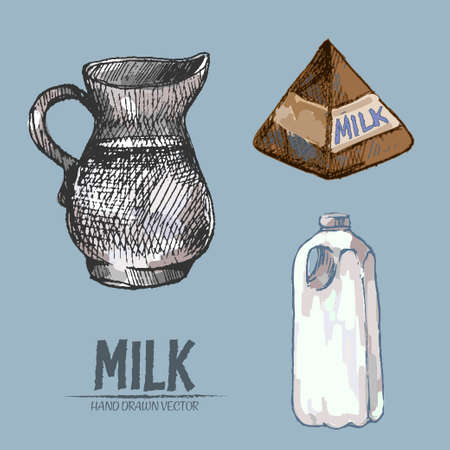 Digital vector detailed line art milk in different packages hand drawn retro illustration collection set. Thin artistic pencil outline. Vintage ink flat, engraved mill doodle sketches. Isolatedのイラスト素材