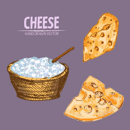 Digital vector detailed line art grated cheese with slices hand drawn retro illustration collection set. Thin artistic pencil outline. Vintage ink flat, engraved mill doodle sketches. Isolatedのイラスト素材