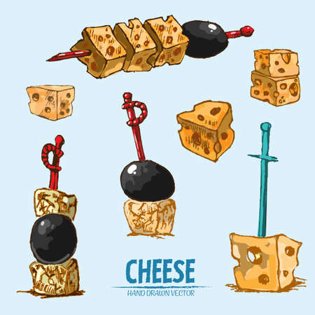 Digital vector detailed line art sliced cheese on skewer hand drawn retro illustration collection set. Thin artistic pencil outline. Vintage ink flat, engraved mill doodle sketches. Isolatedのイラスト素材