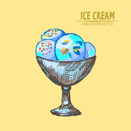 Illustration of blue ice-cream in a bowl on a yellow backgroundのイラスト素材