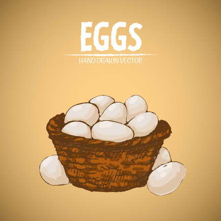 Illustration of eggs in a brown basket on a light brown backgroundのイラスト素材
