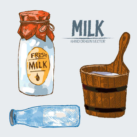Digital vector detailed line art milk in different packages hand drawn retro illustration collection set. Thin artistic pencil outline. Vintage ink flat, engraved mill doodle sketches. Isolatedのイラスト素材