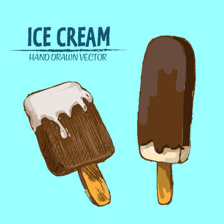 Digital vector detailed line art delicious ice cream on stick hand drawn retro illustration collection set. Thin artistic pencil outline. Vintage ink flat, engraved mill doodle sketches. Isolatedのイラスト素材