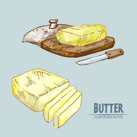 Digital vector detailed line art butter slices with knife hand drawn retro illustration collection set. Thin artistic pencil outline. Vintage ink flat, engraved mill doodle sketches. Isolatedのイラスト素材