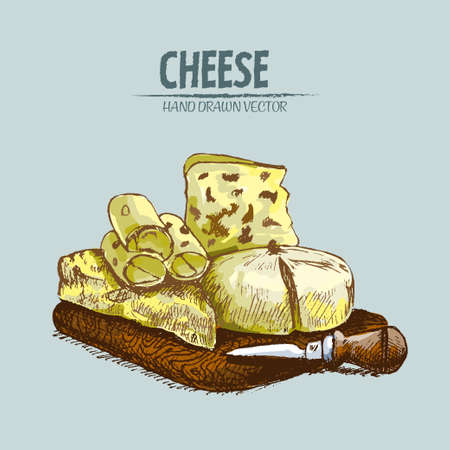 Digital vector detailed line art sliced cheese with knife hand drawn retro illustration collection set. Thin artistic pencil outline. Vintage ink flat, engraved mill doodle sketches. Isolatedのイラスト素材