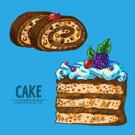 Digital vector detailed line art cake roll with cream hand drawn retro illustration collection set. Thin artistic pencil outline. Vintage ink flat, engraved design doodle sketches. Isolatedのイラスト素材