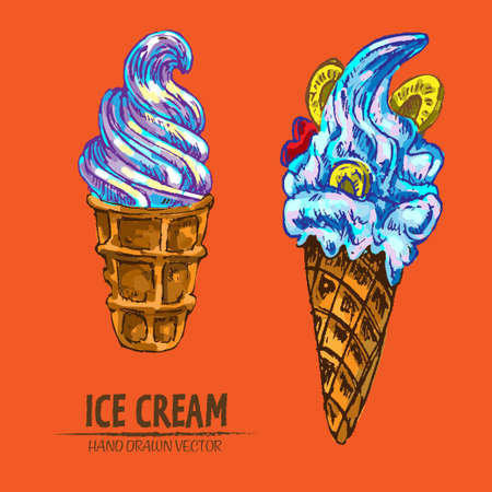 Digital vector detailed line art ice cream in waffle cones hand drawn retro illustration collection set. Thin artistic pencil outline. Vintage ink flat, engraved design doodle sketches.のイラスト素材