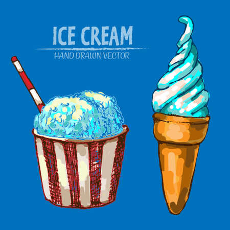 Digital vector detailed line art ice cream in cone and bowl hand drawn retro illustration collection set. Thin artistic pencil outline. Vintage ink flat, engraved design doodle sketches. Isolatedのイラスト素材