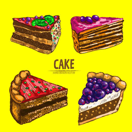 Digital vector detailed line art cake and roll slices with fruits hand drawn retro illustration collection set. Thin artistic pencil outline. Vintage ink flat, engraved design doodle sketchesのイラスト素材