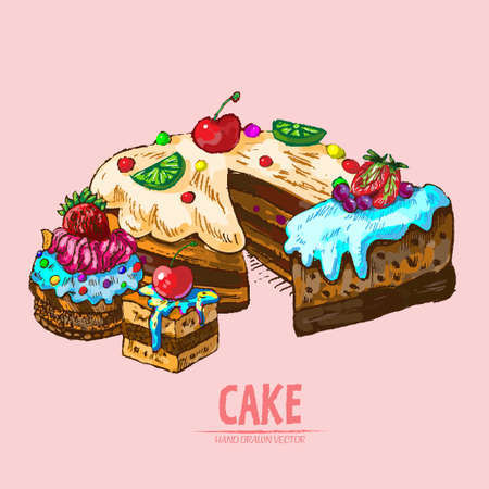 Digital vector detailed line art sliced cake with fruits hand drawn retro illustration collection...
