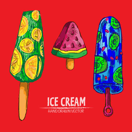 Digital vector detailed line art juicy ice cream on stick hand drawn retro illustration collection set. Thin artistic pencil outline. Vintage ink flat, engraved design doodle sketches. Isolatedのイラスト素材