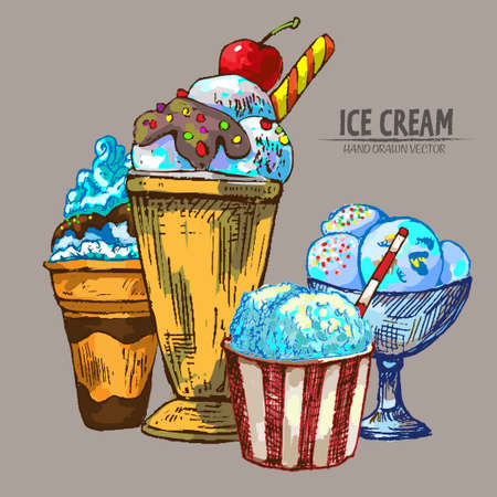 Digital vector detailed line art random ornamented ice cream hand drawn retro illustration collection set. Thin artistic pencil outline. Vintage ink flat, engraved design doodle sketches. Isolatedのイラスト素材