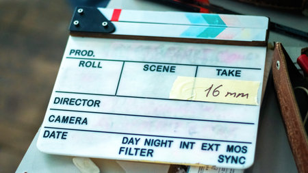 Clapper board with sticker on it on the movie setの写真素材