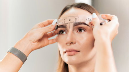 Make-up master checks client's eyebrows using an eyebrow ruler
