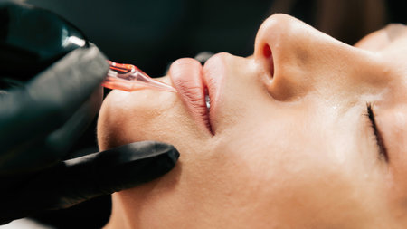 Make-up master performs the procedure of permanent lip makeup for the clientの写真素材
