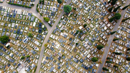 Aerial drone view of a cemetery in Podgorica, Montenegro. Vertical view of cemetery with multiple gravestonesの写真素材