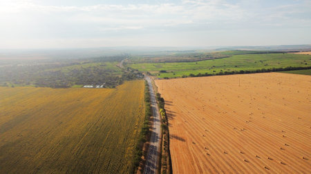 Aerial drone view of nature in Moldova. Road with fields aroundの写真素材