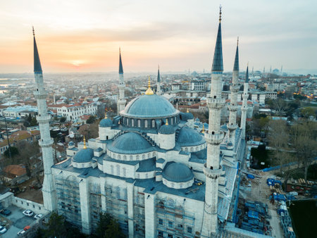 Aerial drone view of Istanbul at sunset, Turkey. The Blue Mosque, with gardens and buildings aroundの写真素材