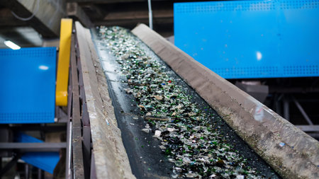 Process of sorting glass garbage on a vibrating conveyor belt at waste sorting plantの写真素材
