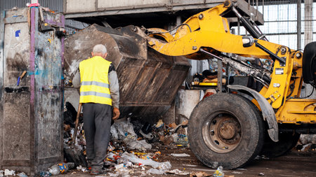 Workers and an excavator loading garbage onto a conveyor belt at waste sorting plantの写真素材