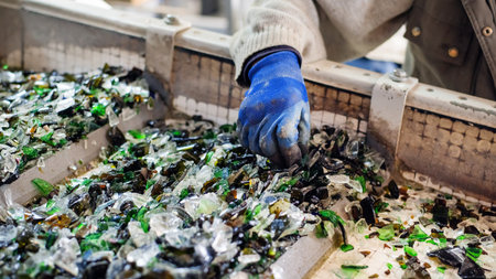 Worker in special gloves sorting glass garbage on a vibrating conveyor belt at waste sorting plantの写真素材