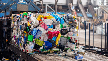 Cube of compressed plastic garbage on a conveyor belt at waste sorting plantの写真素材