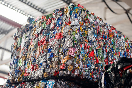 Cube of compressed metal garbage at waste sorting plantの写真素材